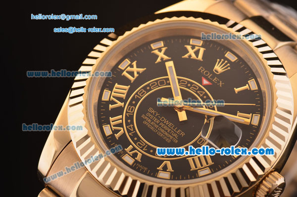 Rolex Sky-Dweller Asia 2813 Automatic Gold Case/Strap with Black Dial and Roman Numeral Hour Markers - Click Image to Close